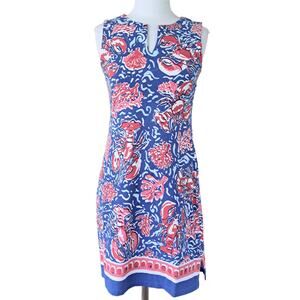 Barbara Erickson Lobsterfest Sleeveless Shift Dress Small Preppy Coastal RedBlue